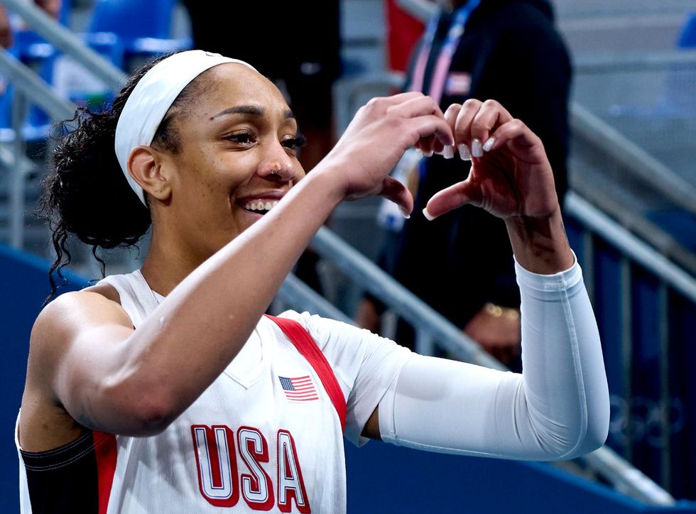 A'Ja Wilson of the United States gestures after the women's basketball group C match between the United States and Japan at the Paris 2024 Olympic Games in Lille, France, July 29, 2024. (Photo by Meng Dingbo/Xinhua via Getty Images)