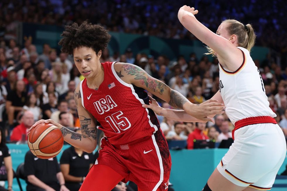 LILLE, FRANCE - AUGUST 04: Brittney Griner #15 of Team United States drives towards the basket during a Women's basketball Group Phase - Group C game between the United States and Germany on day nine of the Olympic Games Paris 2024 at Stade Pierre Mauroy on August 04, 2024 in Lille, France. (Photo by Gregory Shamus/Getty Images)