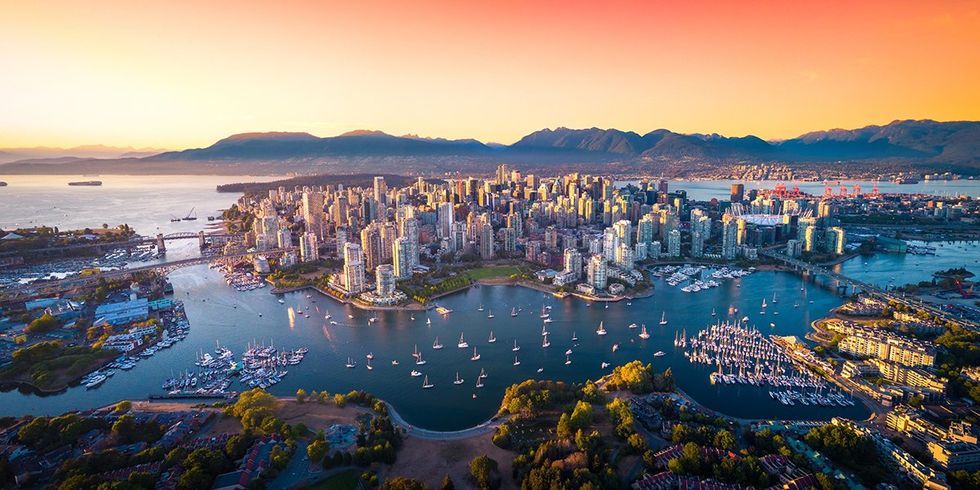 Vancouver, British Columbia \u2013 Canada. Aerial view of downtown Vancouver skyline in British Columbia