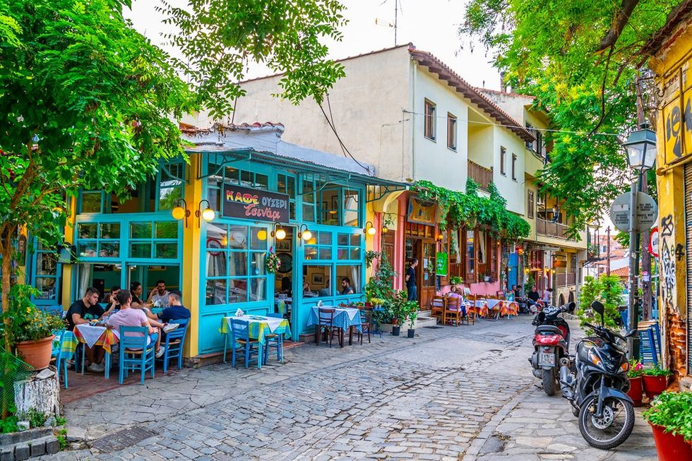 View of a narrow street in the old town of Thessaloniki, Greece